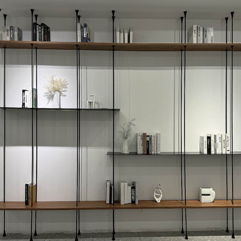 Large multi-storey living room office furniture three-dimensional modern wooden aluminum alloy column round tube bookshelf